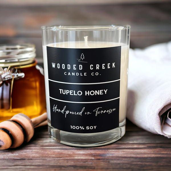 Close-up of the Tupelo Honey candle from Wooded Creek
