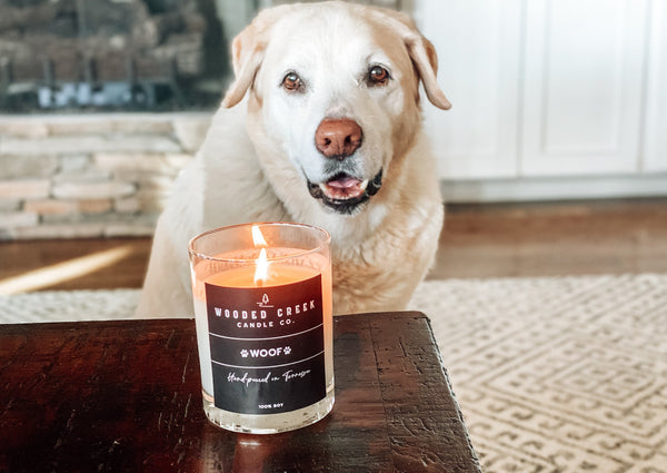 Product image of "Woof" featuring a dog next to a candle